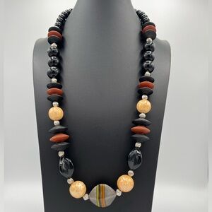 Vintage Japan Black Horn & Orange Bead Statement Necklace